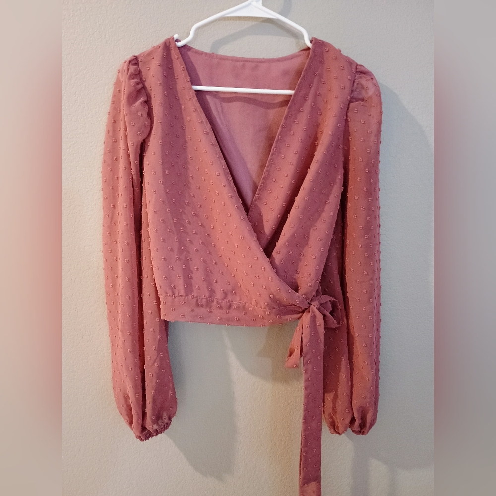 Women's Swiss Clip Dot Wrap Top Blouse M Chiffon Mauve Dusty Rose Boho SHEIN